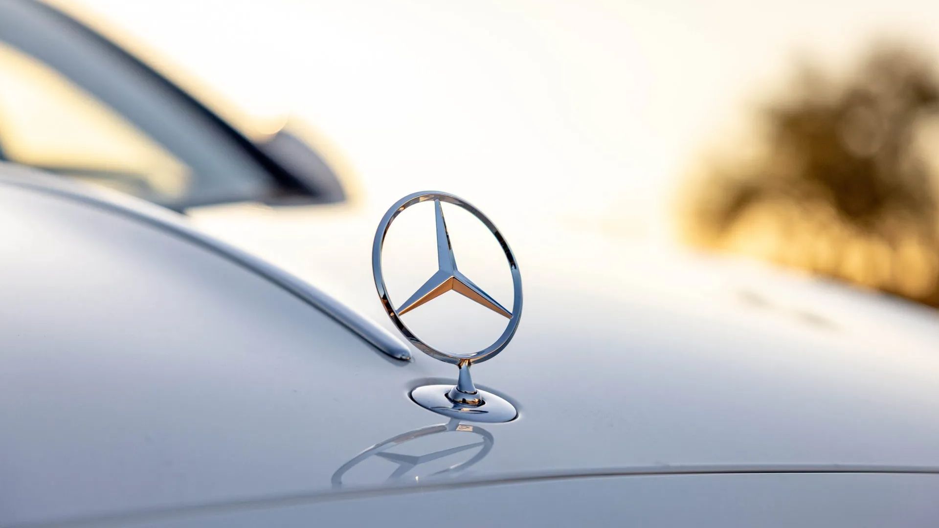 Close-up de l'ornement de capot argenté Mercedes-Benz au coucher du soleil