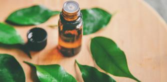 Tea tree essential oil in a small bottle